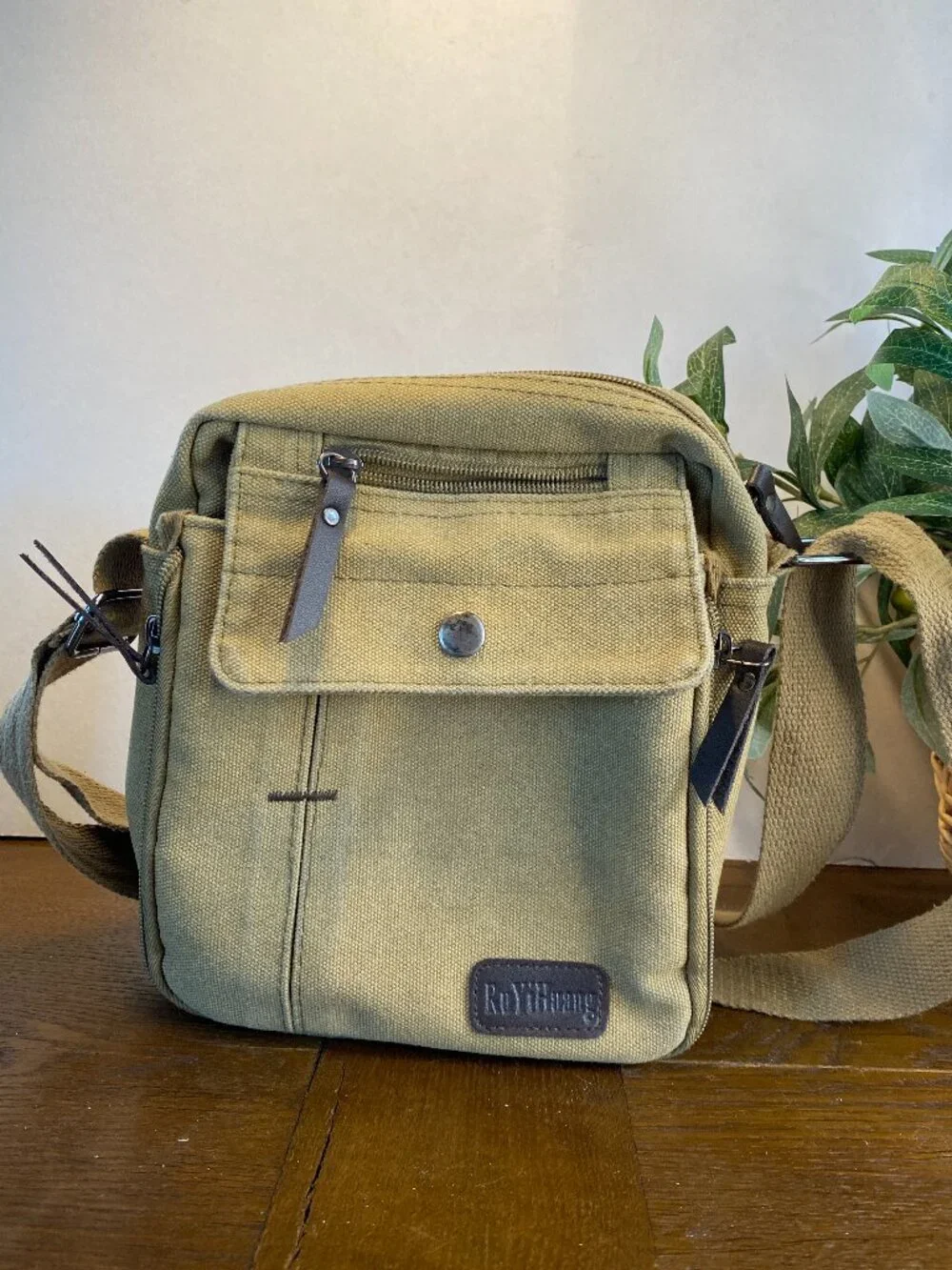 Small Khaki Canvas Messenger Shoulder Travel Bag for Men or Women